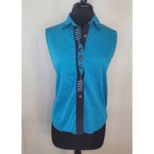 VTG 80s Cayenne Rodeo Shirt Teal Black Western Embroidered M